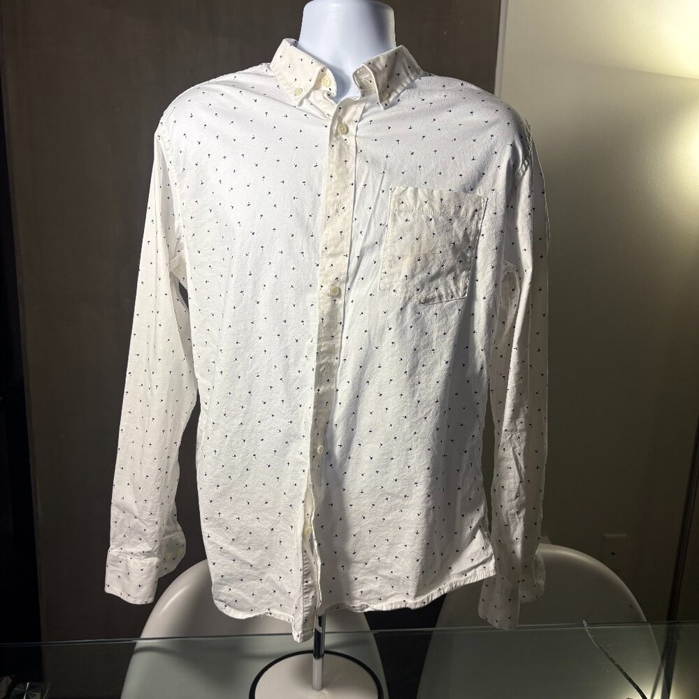 Goodthreads Men’s Palm Tree Print Button-Down Shirt – White, Size Large